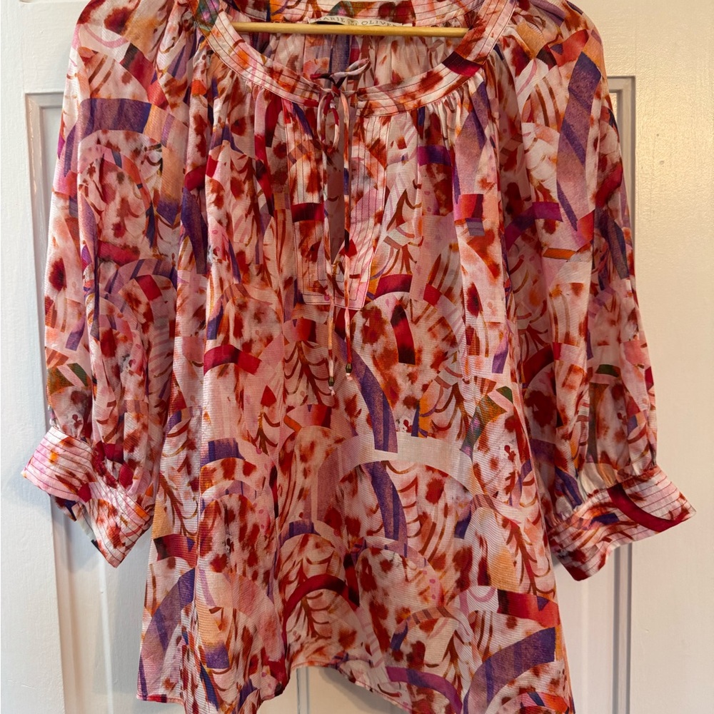 Marie Oliver Silk Blend Floral Blouse Puff Sleeve Size L